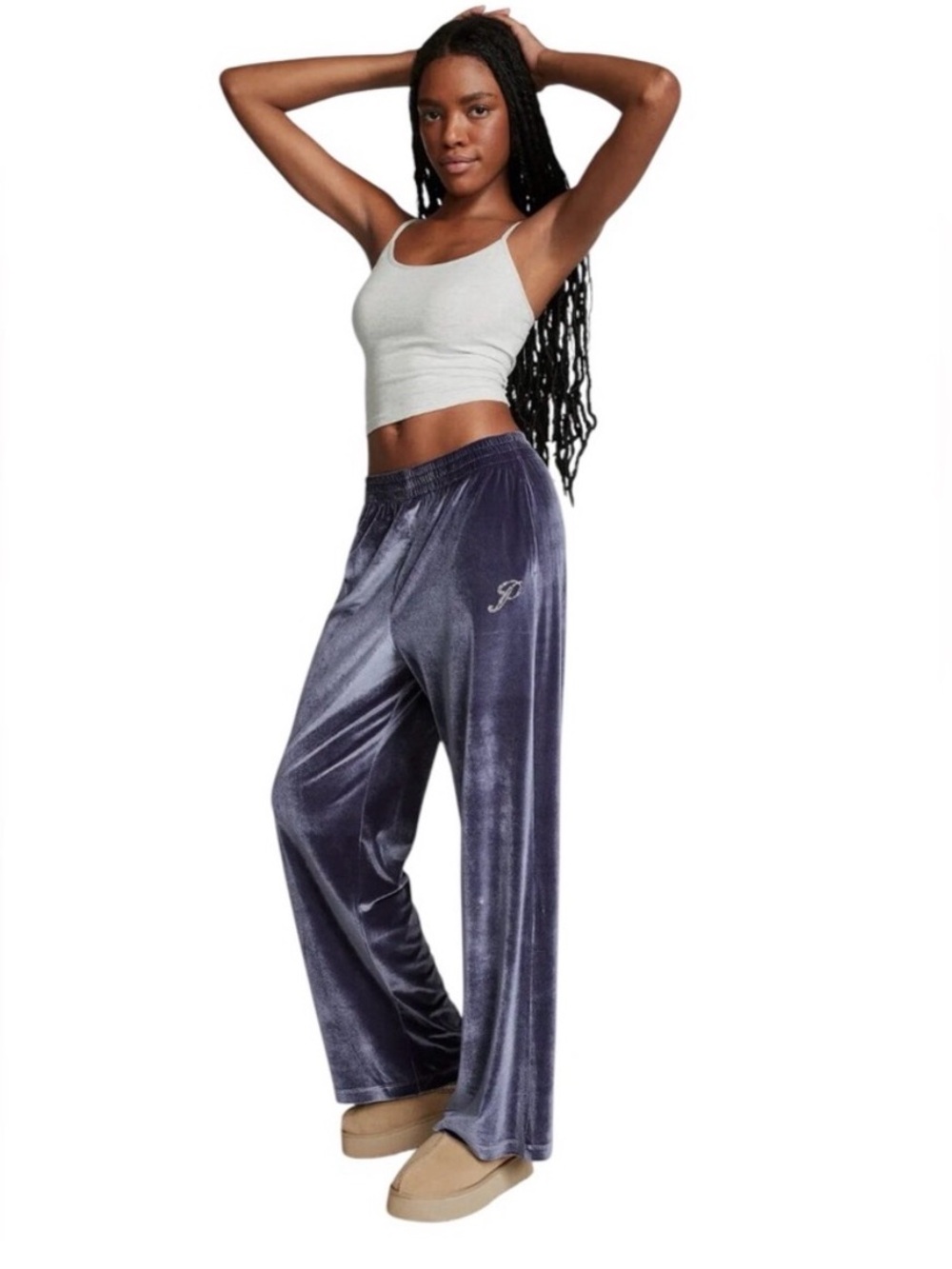 VS PINK Velour Shine Logo Wide-Leg Pants!